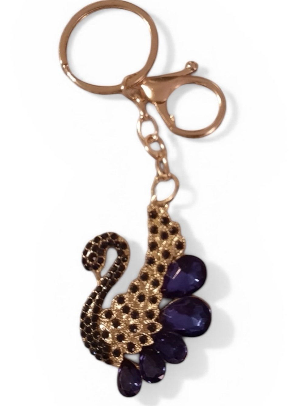 Fashion Jewelry Gold Tone Swan Keyring Chain with Blue Gem Accents